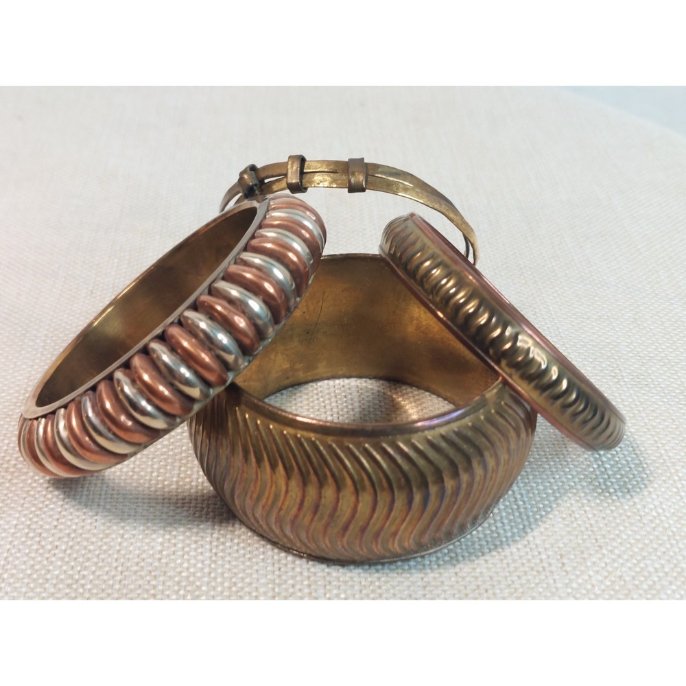 Vintage 1970s Bangle Bracelet Lot Stack Copper Brass Bohemian Coastal Cowgirl - Picture 2 of 16
